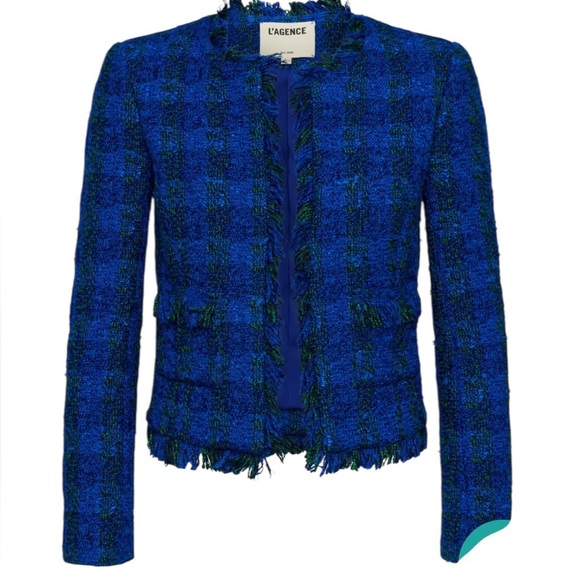 L'AGENCE Angelina Tweed Fringe open style Blazer in Cobalt Blue, Crested Buttons - Picture 1 of 6